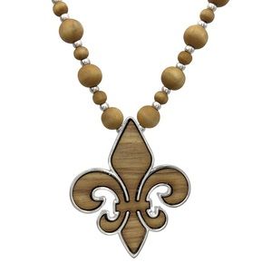 Fleur De Lis Wood Inlay Beaded Long Necklace